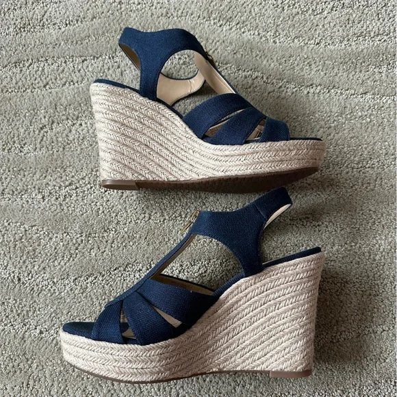 Michael Michael Kors Berkeley Blue Canvas Front Zip Espadrille Wedge Sandals 8M - Picture 5 of 16